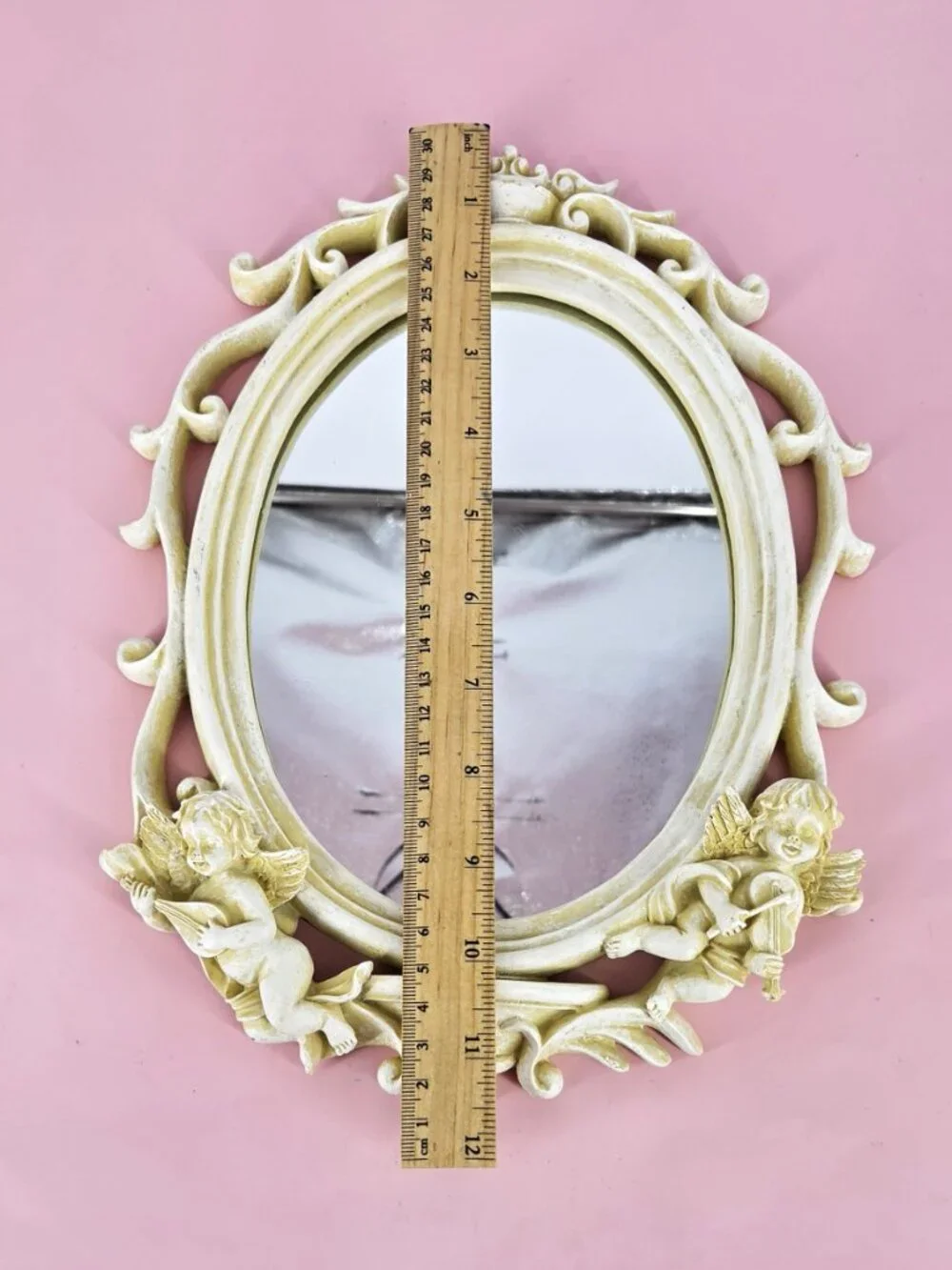 Set 3 Cherub Baroque Wall Shelves Oval Angelic Mirror Romantic Shabby VTG White